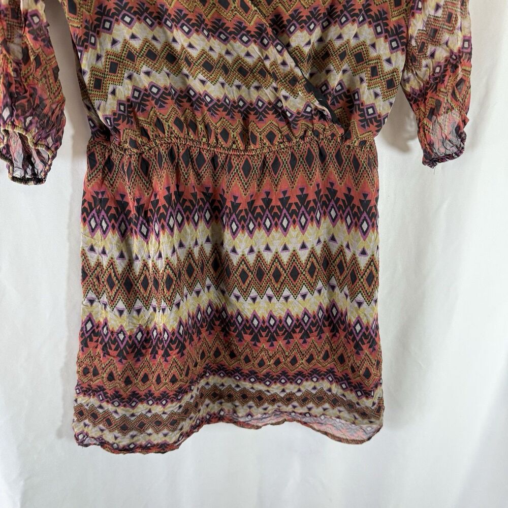 Glam Silk Dress Women's Small Brown Multicolor Vneck Semi Sheer Pullover Light - Picture 3 of 11